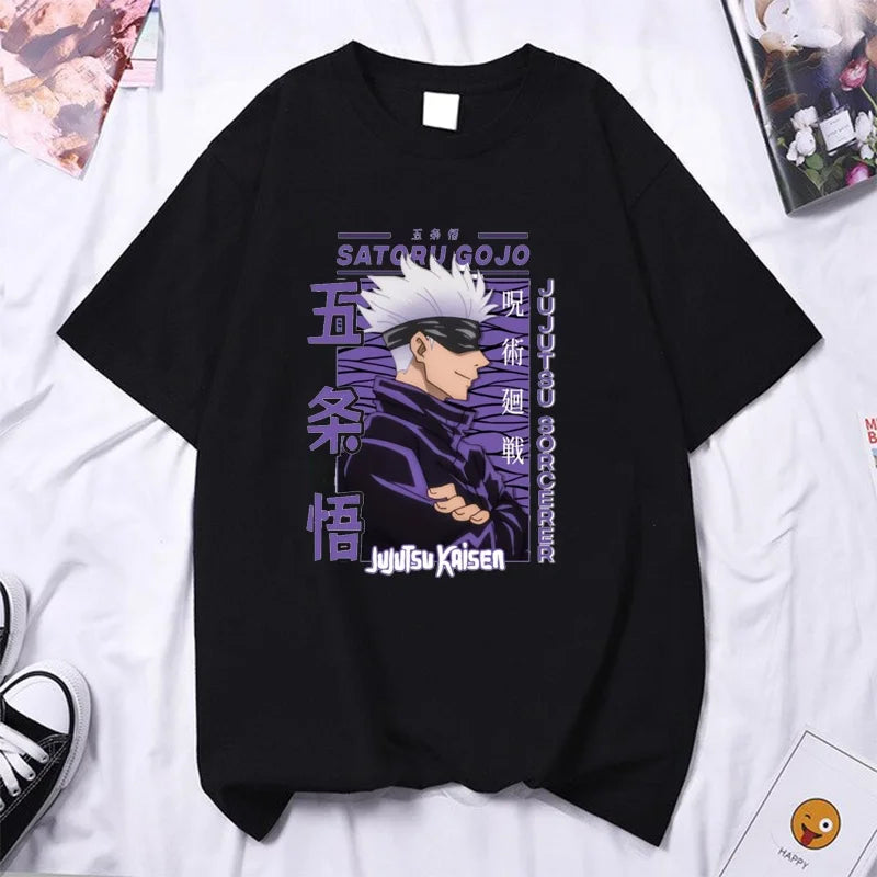 T-shirt à col rond Y2K de haute qualité avec dessin animé Gojo Satoru