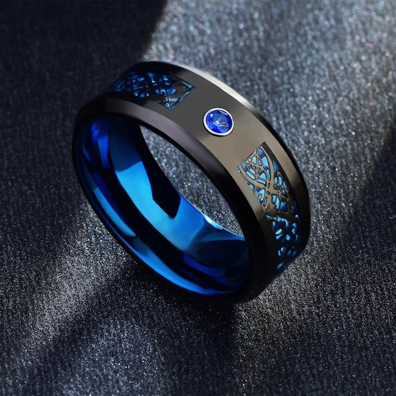 Bague en carbure de tungstène 8 mm – Fibre de carbone bleue avec zircon et motif dragon pour mariage, fiançailles et usage quotidien