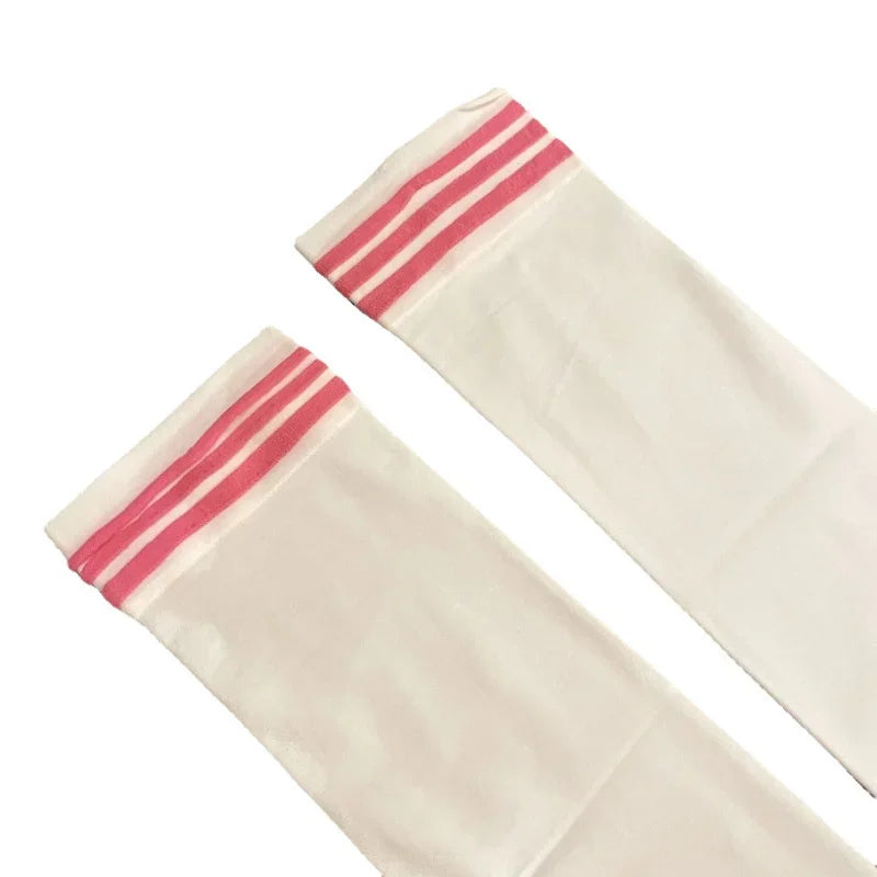 Chaussettes hautes rayées Kawaii – Bas blancs et roses au-dessus du genou pour femmes